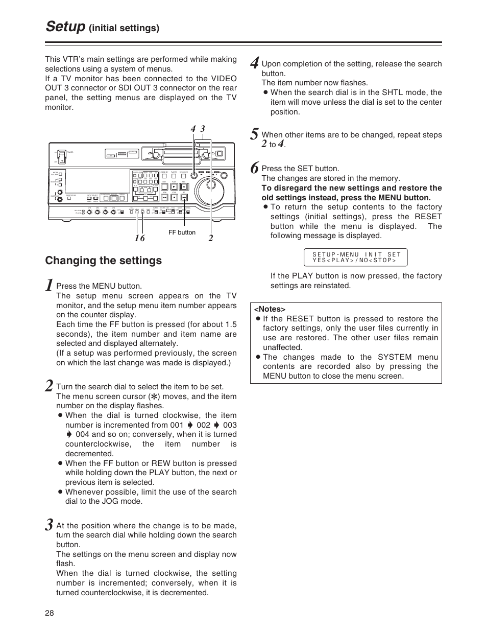 Setup (initial settings), Setup, Changing the settings | Initial settings), When other items are to be changed, repeat steps, Ff button | Panasonic AJ-SD930P User Manual | Page 28 / 80
