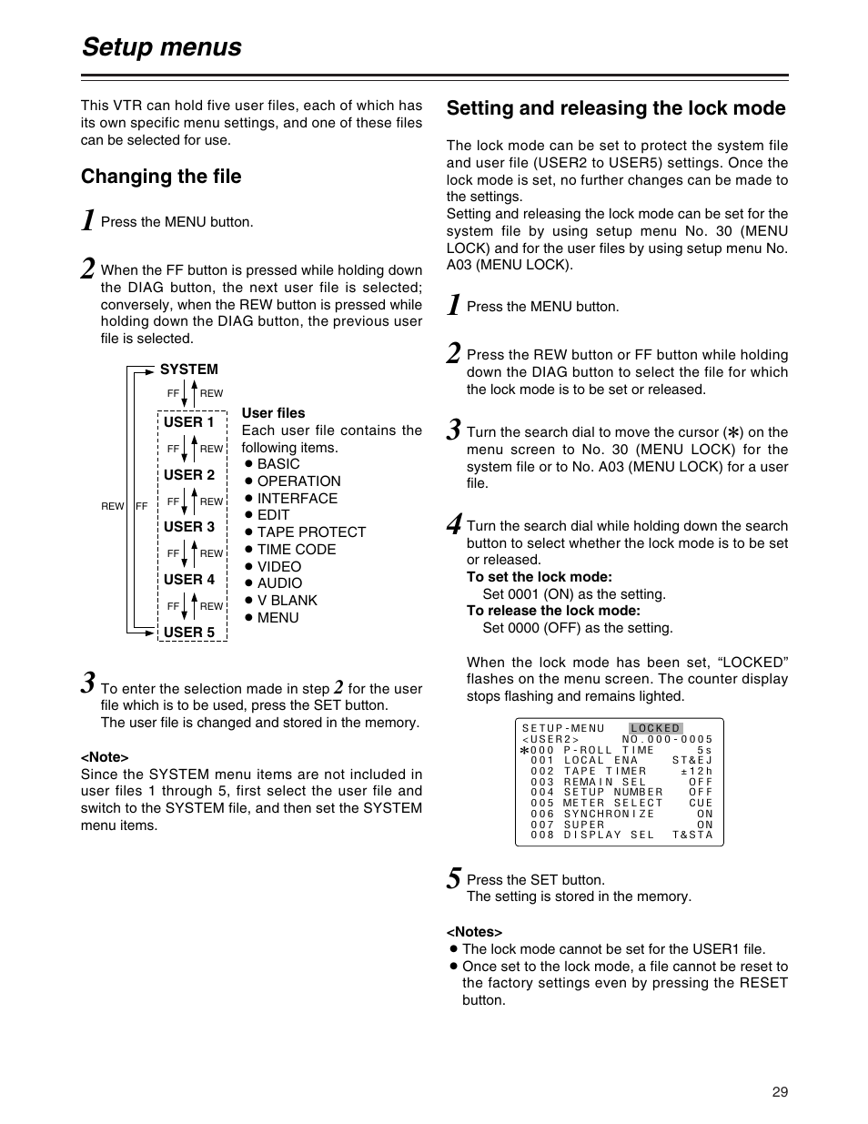 Setup menus, Changing the file, Setting and releasing the lock mode | Panasonic AJ-SD930P User Manual | Page 29 / 80