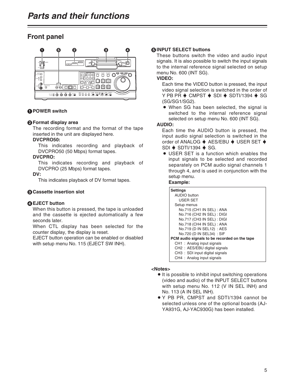 Parts and their functions, Front panel | Panasonic AJ-SD930P User Manual | Page 5 / 80