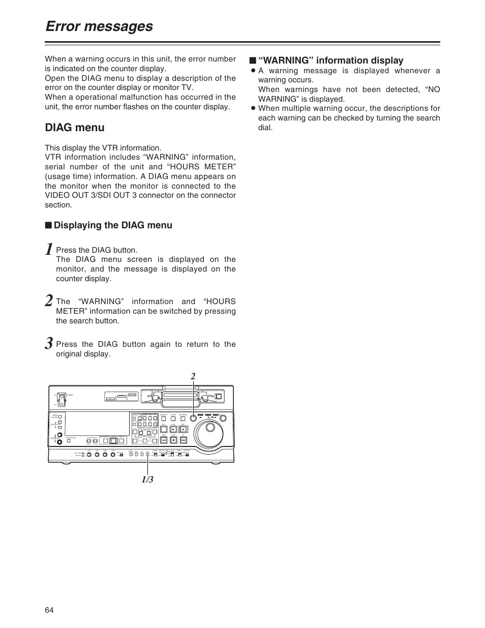 Error messages, Diag menu, Displaying the diag menu | Warning” information display | Panasonic AJ-SD930P User Manual | Page 64 / 80