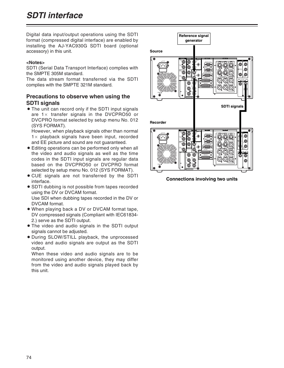 Sdti interface, Precautions to observe when using the sdti signals, Connections involving two units | Reference signal generator source recorder, Sdti signals | Panasonic AJ-SD930P User Manual | Page 74 / 80