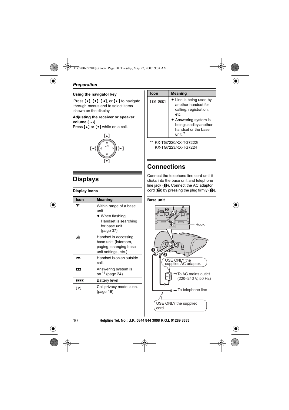 Displays, Connections, Displays connections | Panasonic TG7200-7220E User Manual | Page 10 / 44