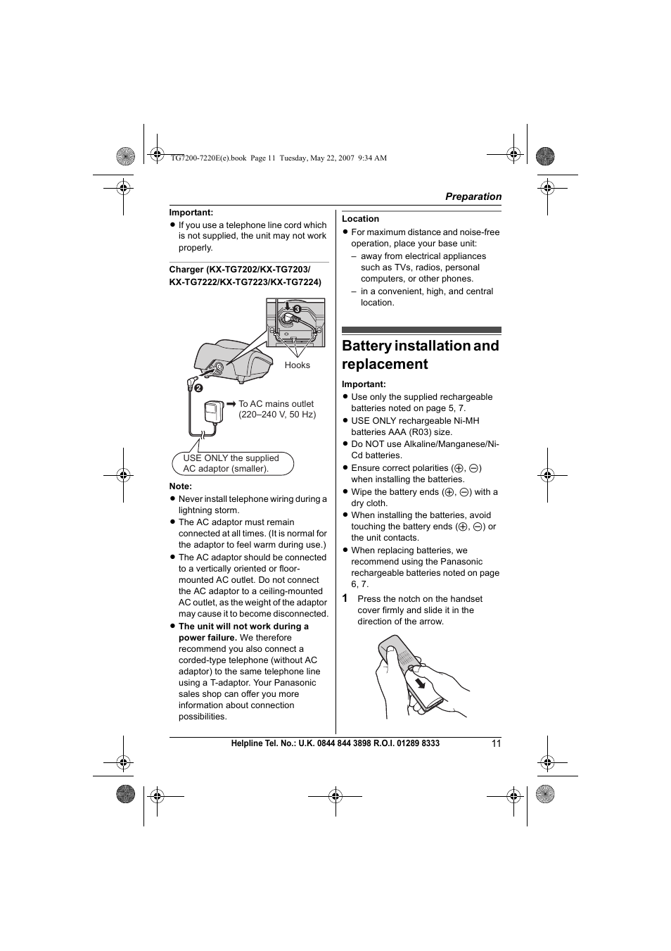 Battery installation and replacement | Panasonic TG7200-7220E User Manual | Page 11 / 44