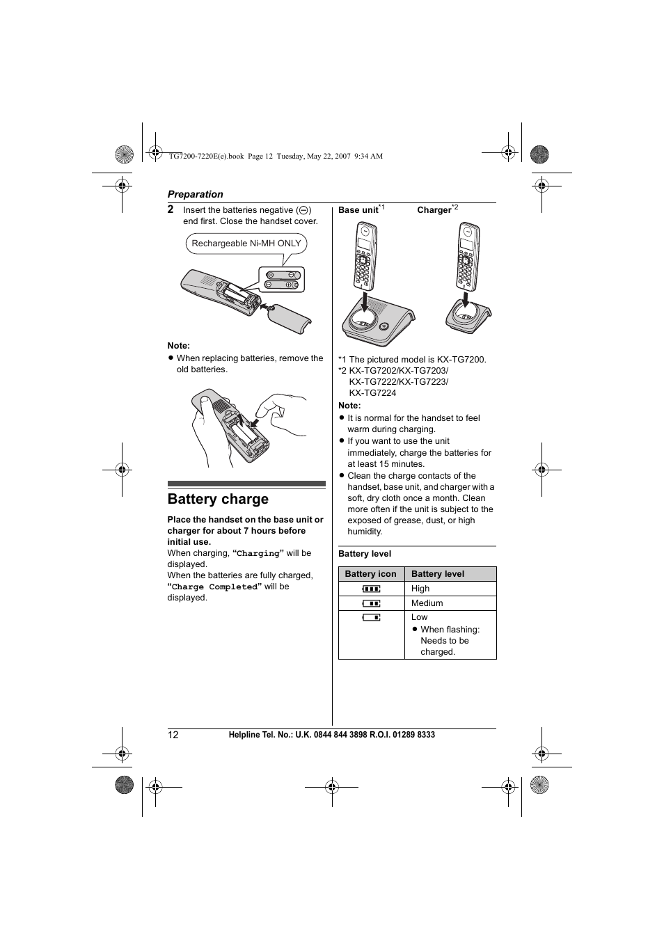 Battery charge | Panasonic TG7200-7220E User Manual | Page 12 / 44