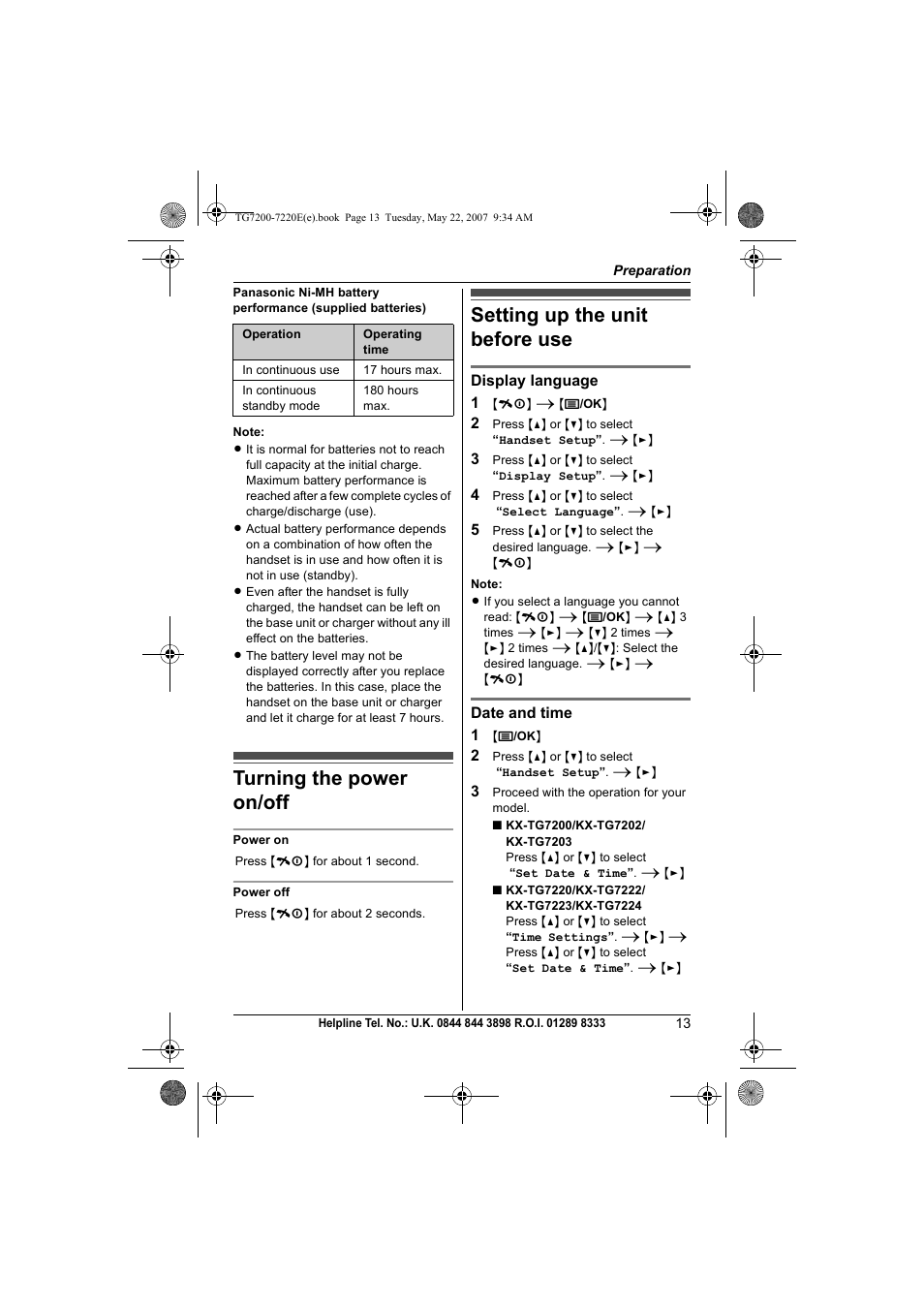 Turning the power on/off, Setting up the unit before use | Panasonic TG7200-7220E User Manual | Page 13 / 44