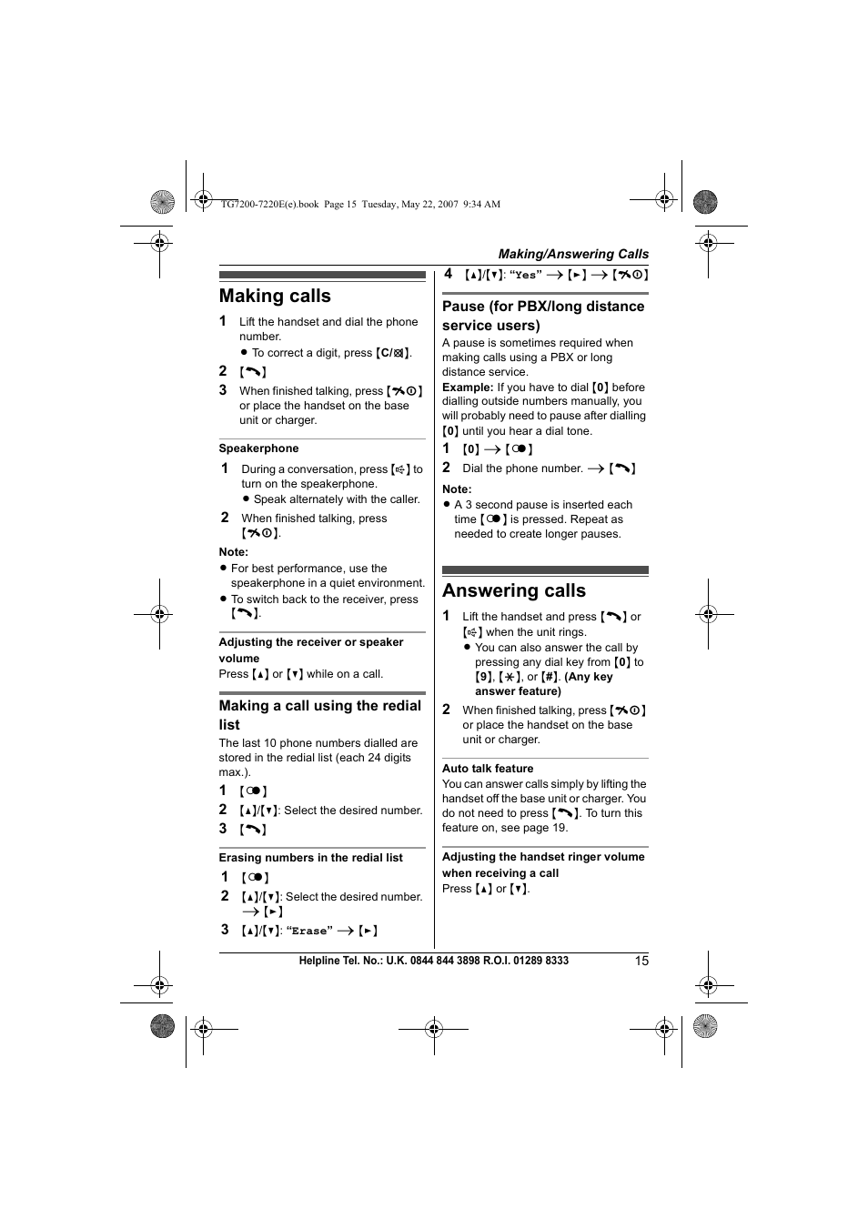 Making/answering calls, Making calls, Answering calls | Making calls answering calls | Panasonic TG7200-7220E User Manual | Page 15 / 44