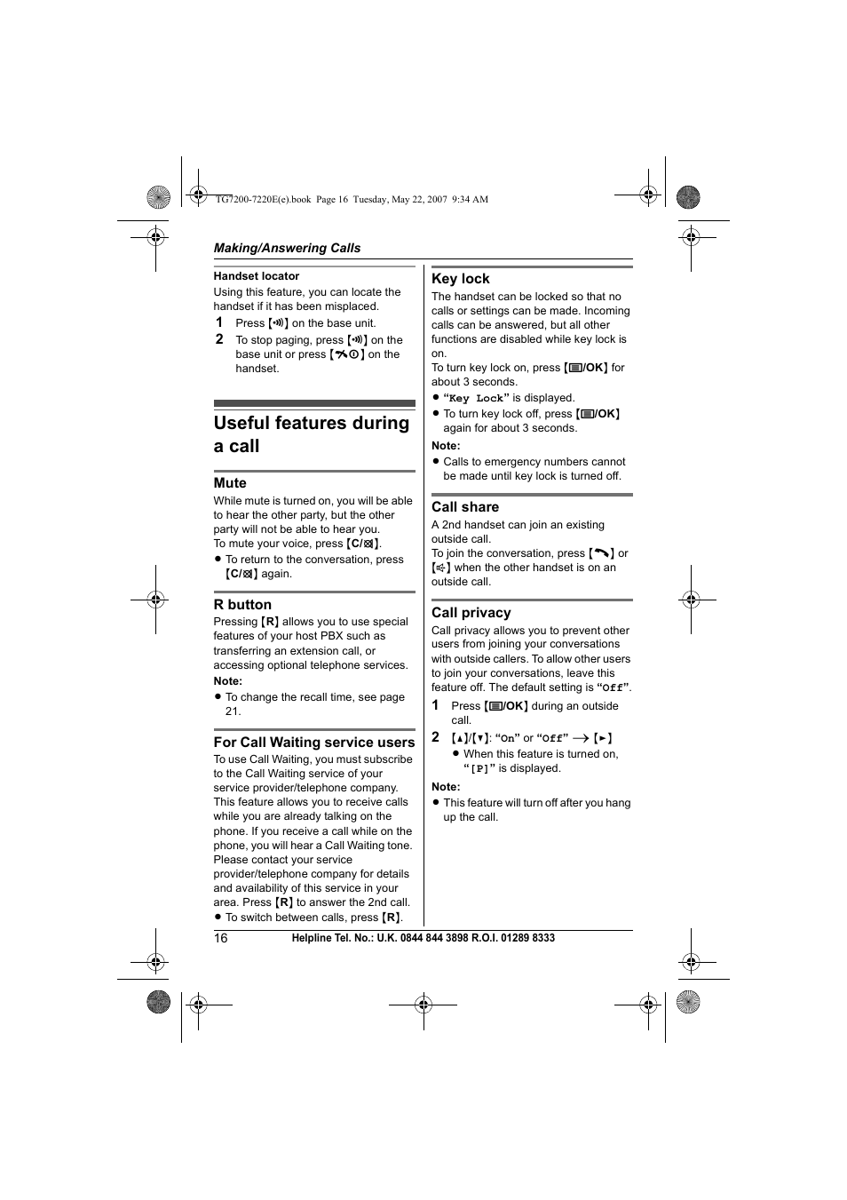 Useful features during a call | Panasonic TG7200-7220E User Manual | Page 16 / 44