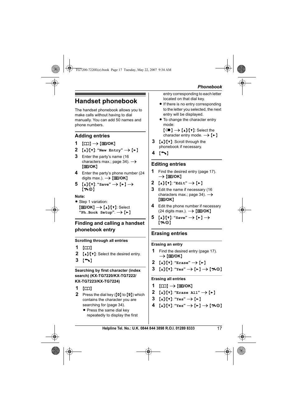 Phonebook, Handset phonebook | Panasonic TG7200-7220E User Manual | Page 17 / 44