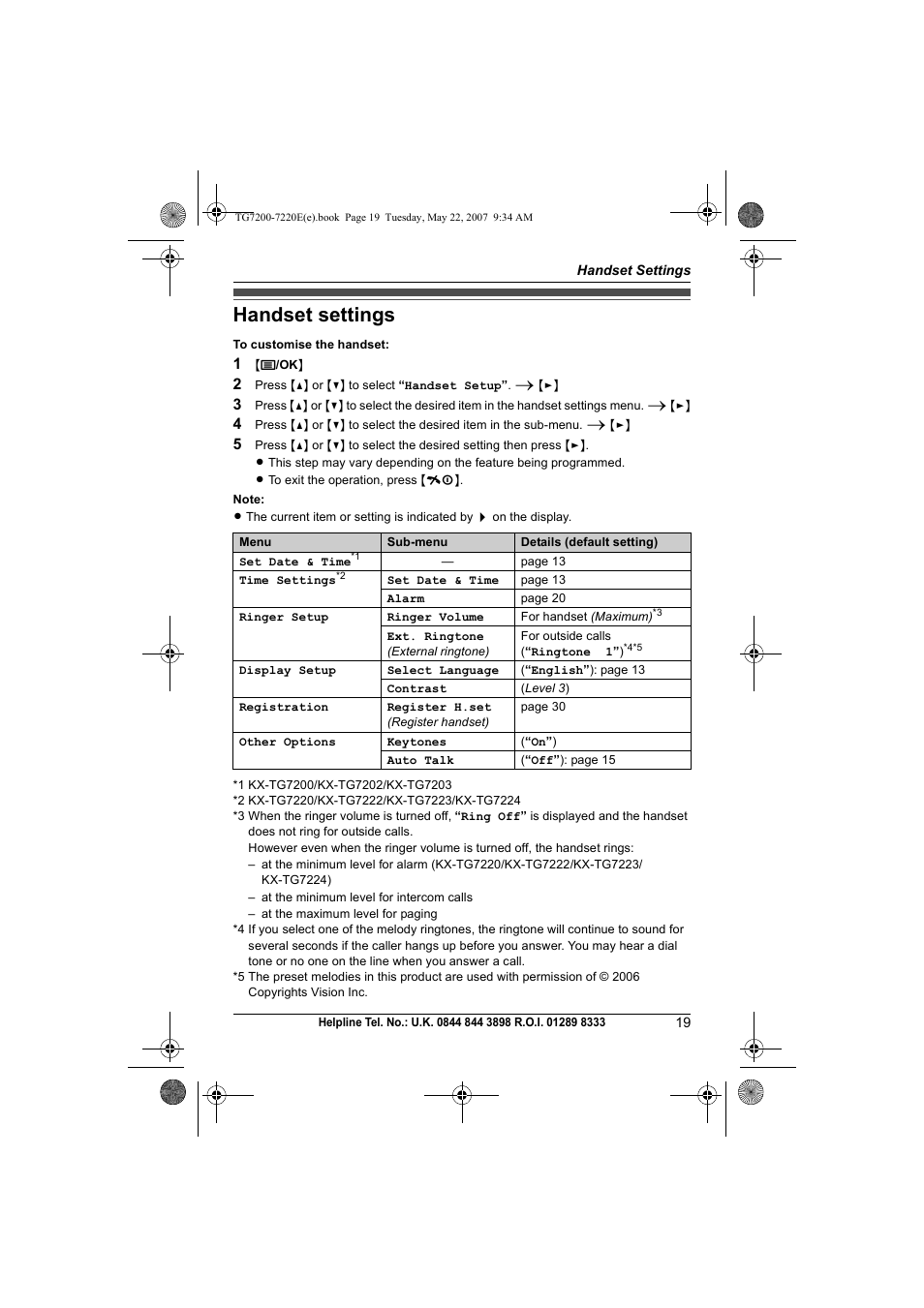 Handset settings | Panasonic TG7200-7220E User Manual | Page 19 / 44