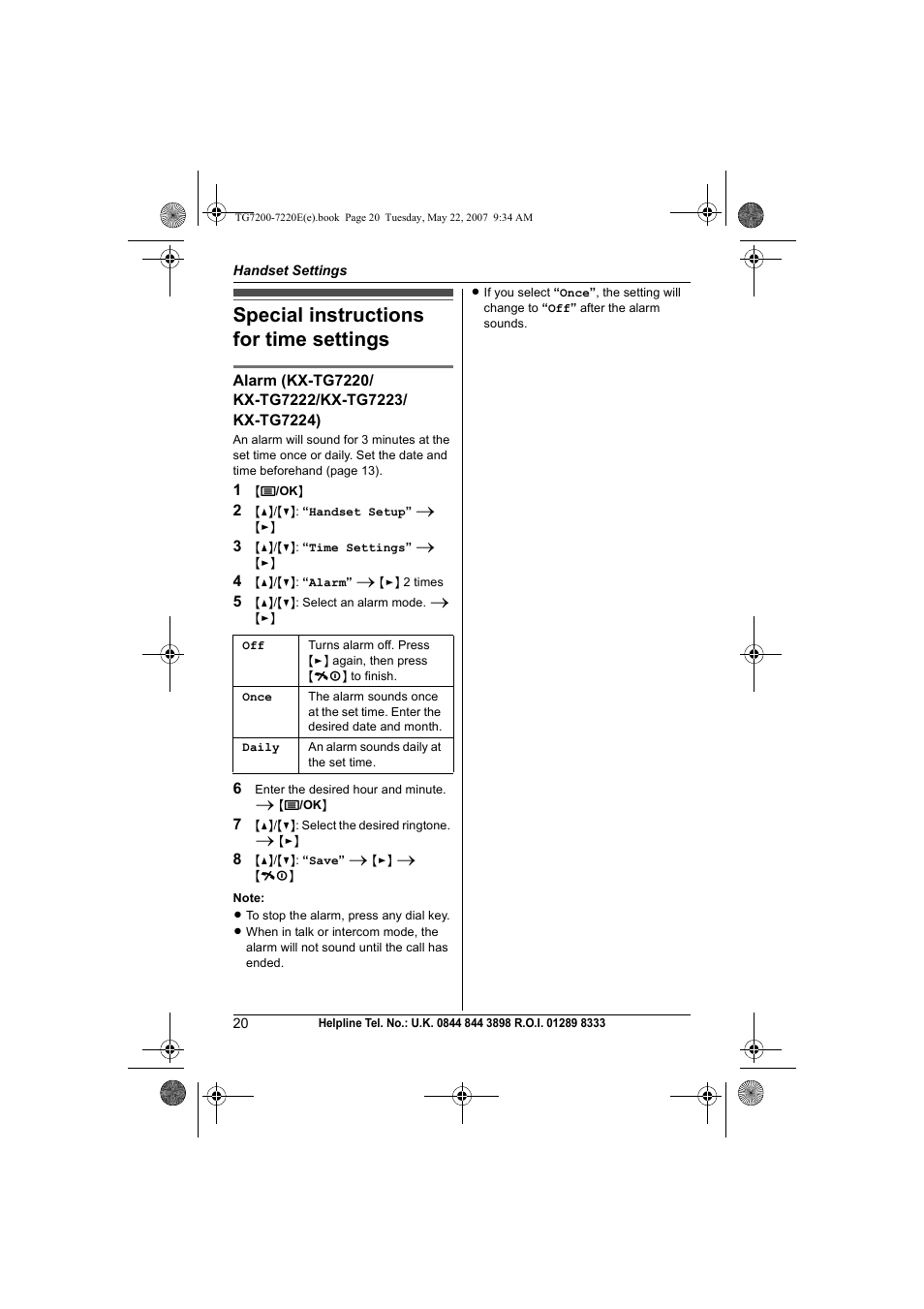 Special instructions for time settings | Panasonic TG7200-7220E User Manual | Page 20 / 44