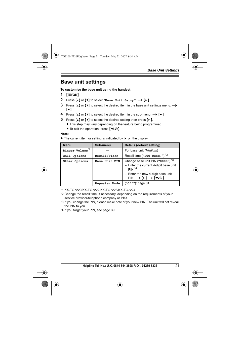 Base unit settings | Panasonic TG7200-7220E User Manual | Page 21 / 44