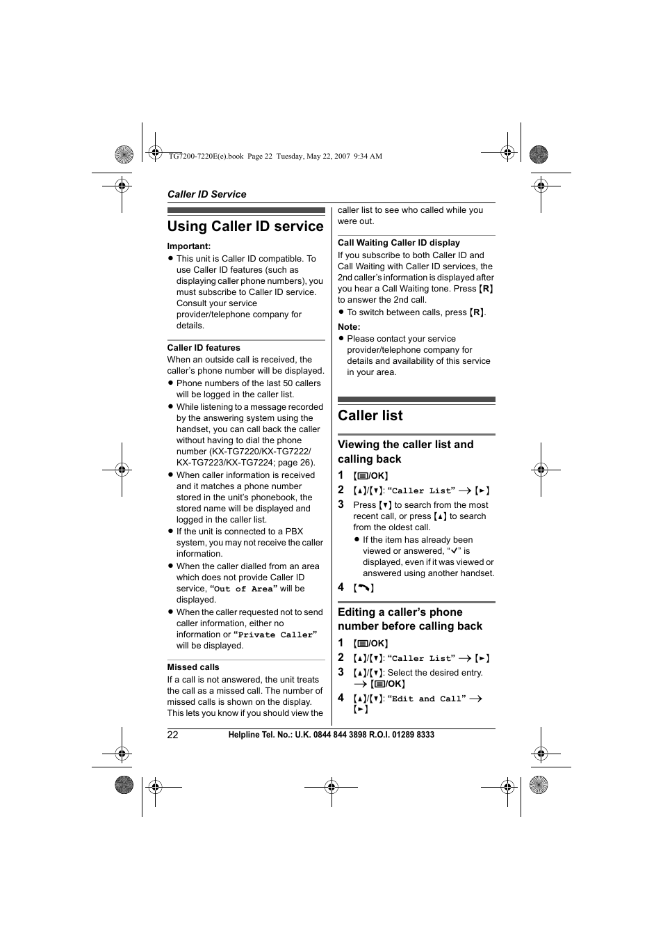 Caller id service, Using caller id service, Caller list | Using caller id service caller list | Panasonic TG7200-7220E User Manual | Page 22 / 44