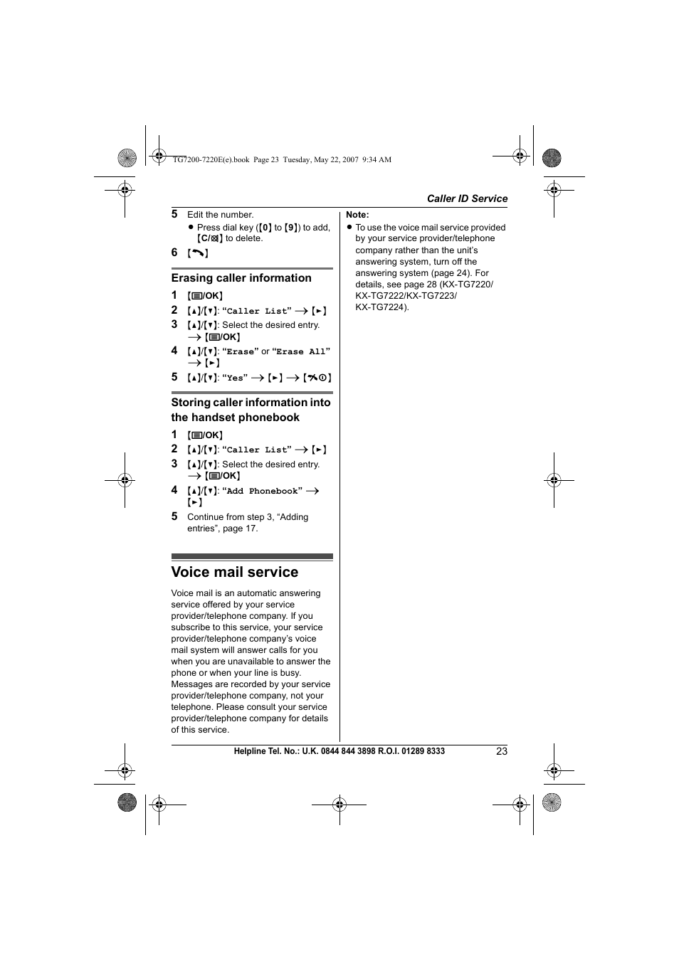 Voice mail service | Panasonic TG7200-7220E User Manual | Page 23 / 44