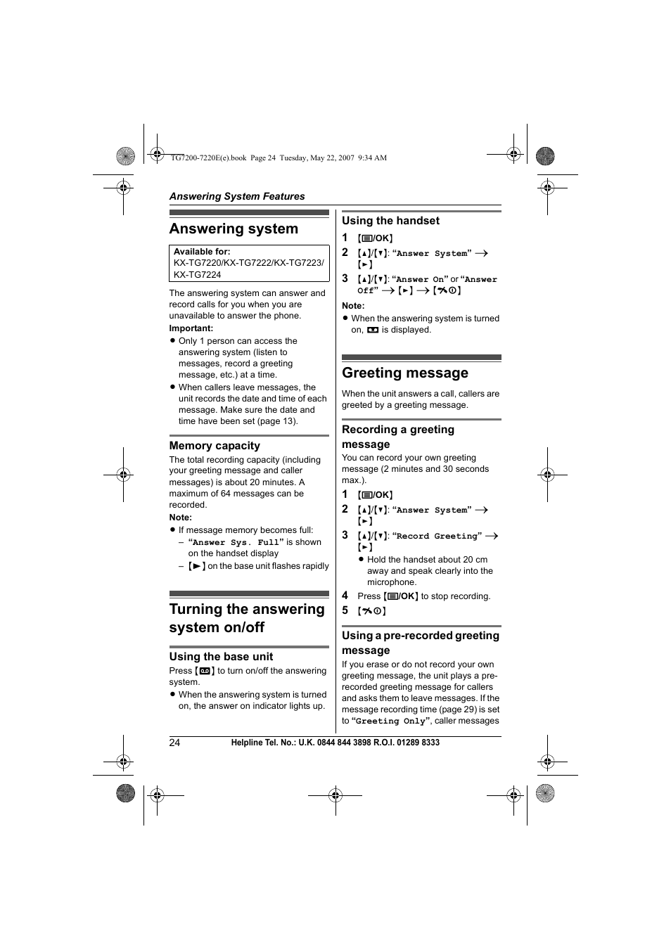 Answering system features, Answering system, Turning the answering system on/off | Greeting message | Panasonic TG7200-7220E User Manual | Page 24 / 44