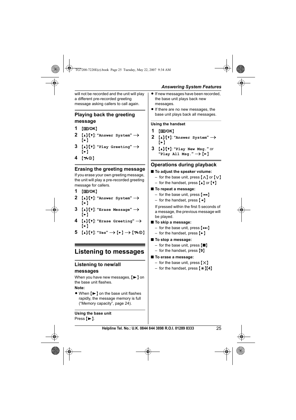 Listening to messages | Panasonic TG7200-7220E User Manual | Page 25 / 44