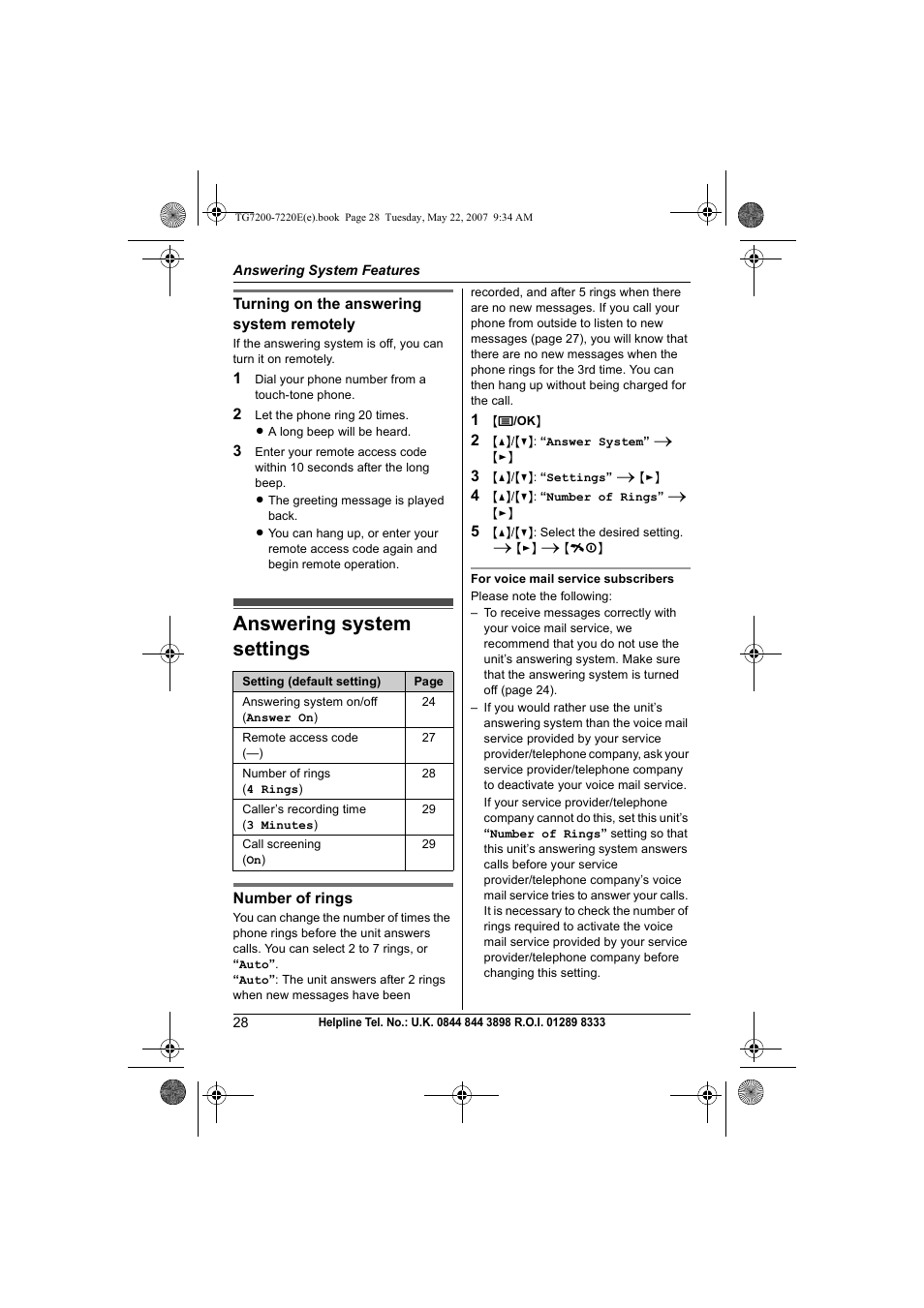 Answering system settings | Panasonic TG7200-7220E User Manual | Page 28 / 44