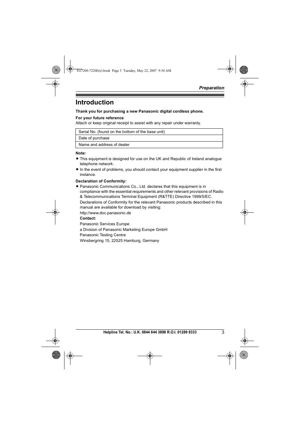 Preparation, Introduction | Panasonic TG7200-7220E User Manual | Page 3 / 44