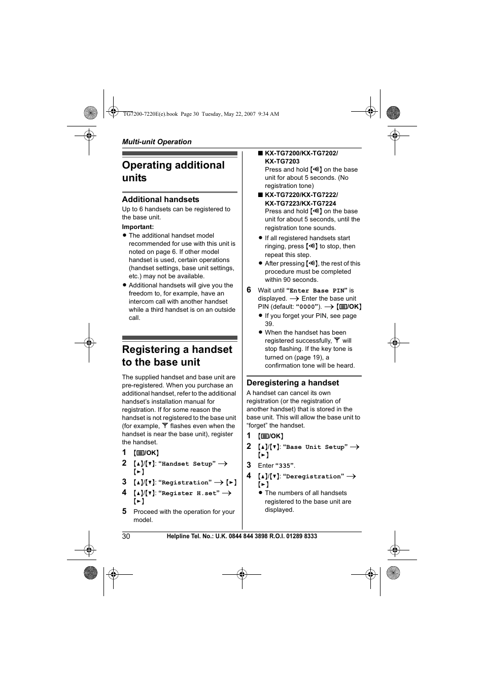 Multi-unit operation, Operating additional units, Registering a handset to the base unit | Panasonic TG7200-7220E User Manual | Page 30 / 44