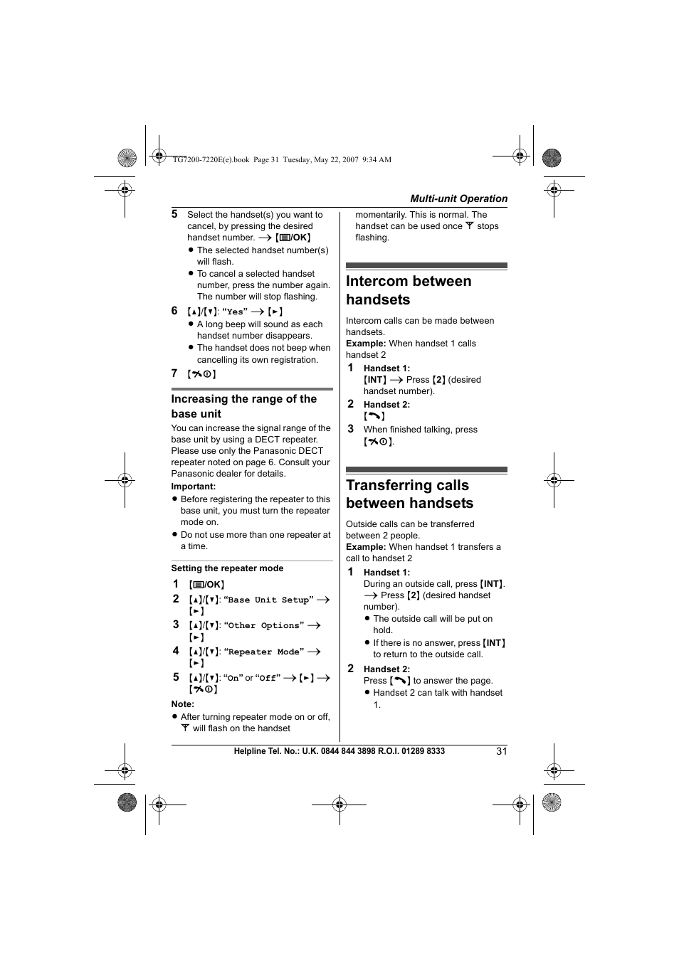 Intercom between handsets, Transferring calls between handsets | Panasonic TG7200-7220E User Manual | Page 31 / 44