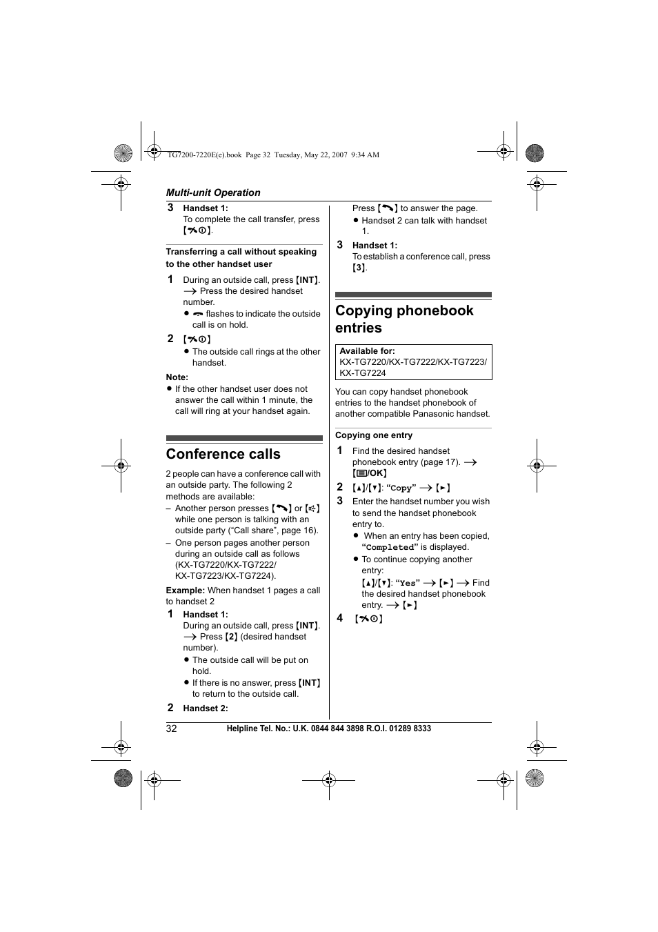 Conference calls, Copying phonebook entries, Conference calls copying phonebook entries | Panasonic TG7200-7220E User Manual | Page 32 / 44