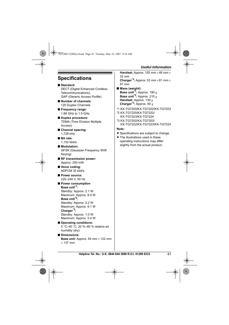 Specifications | Panasonic TG7200-7220E User Manual | Page 41 / 44