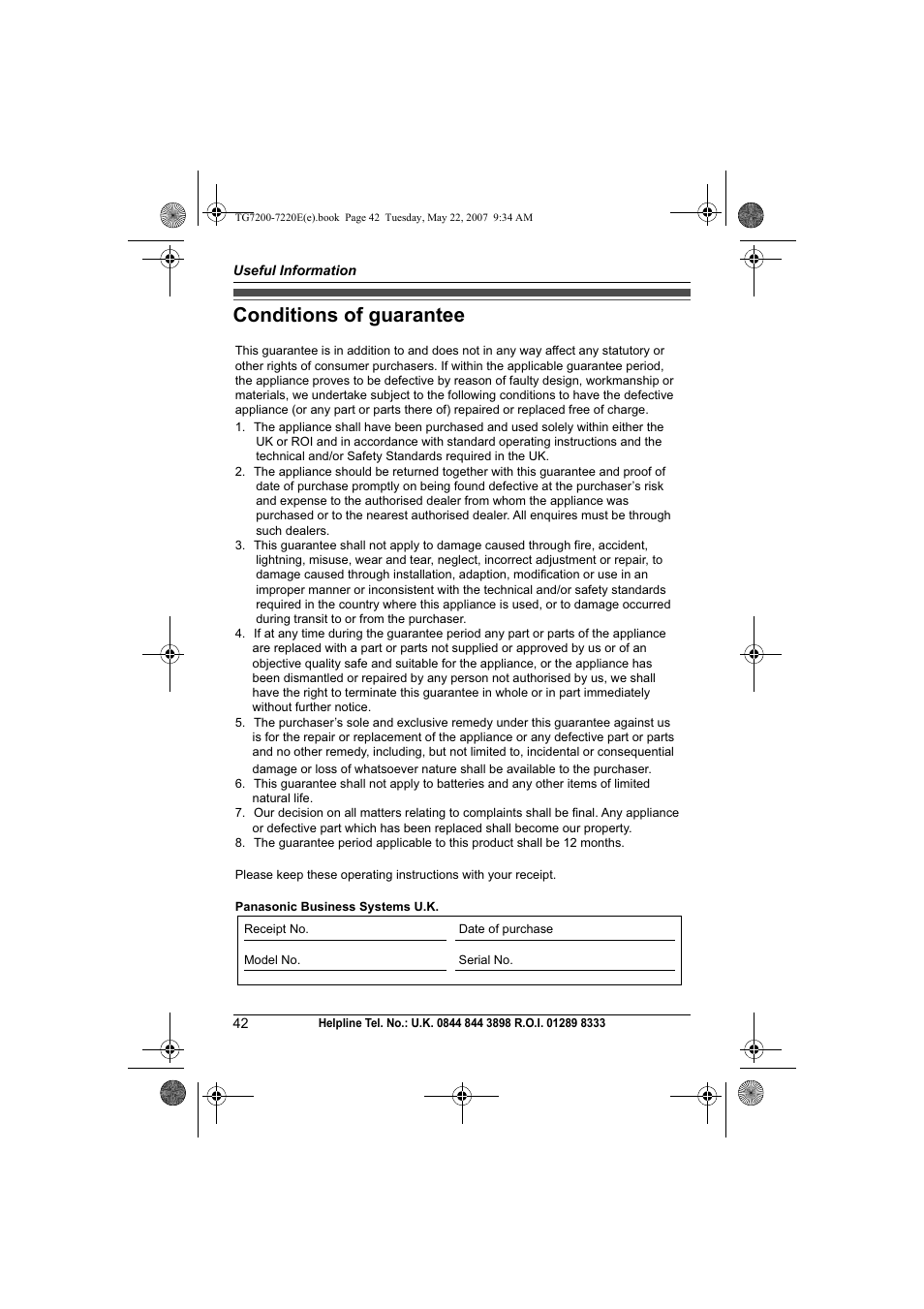 Conditions of guarantee | Panasonic TG7200-7220E User Manual | Page 42 / 44