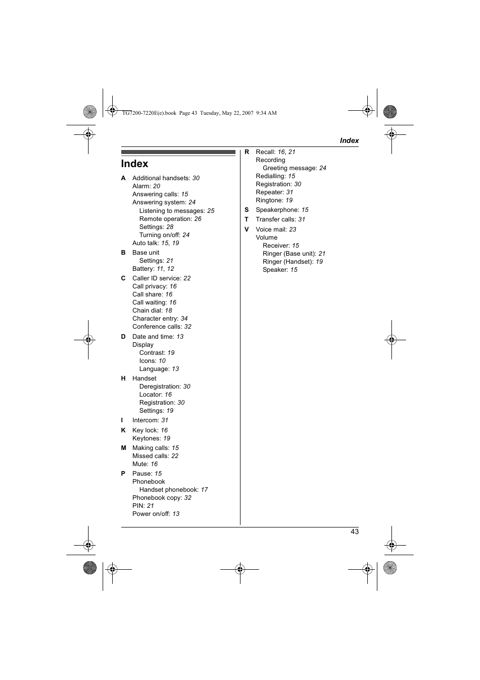 Index | Panasonic TG7200-7220E User Manual | Page 43 / 44