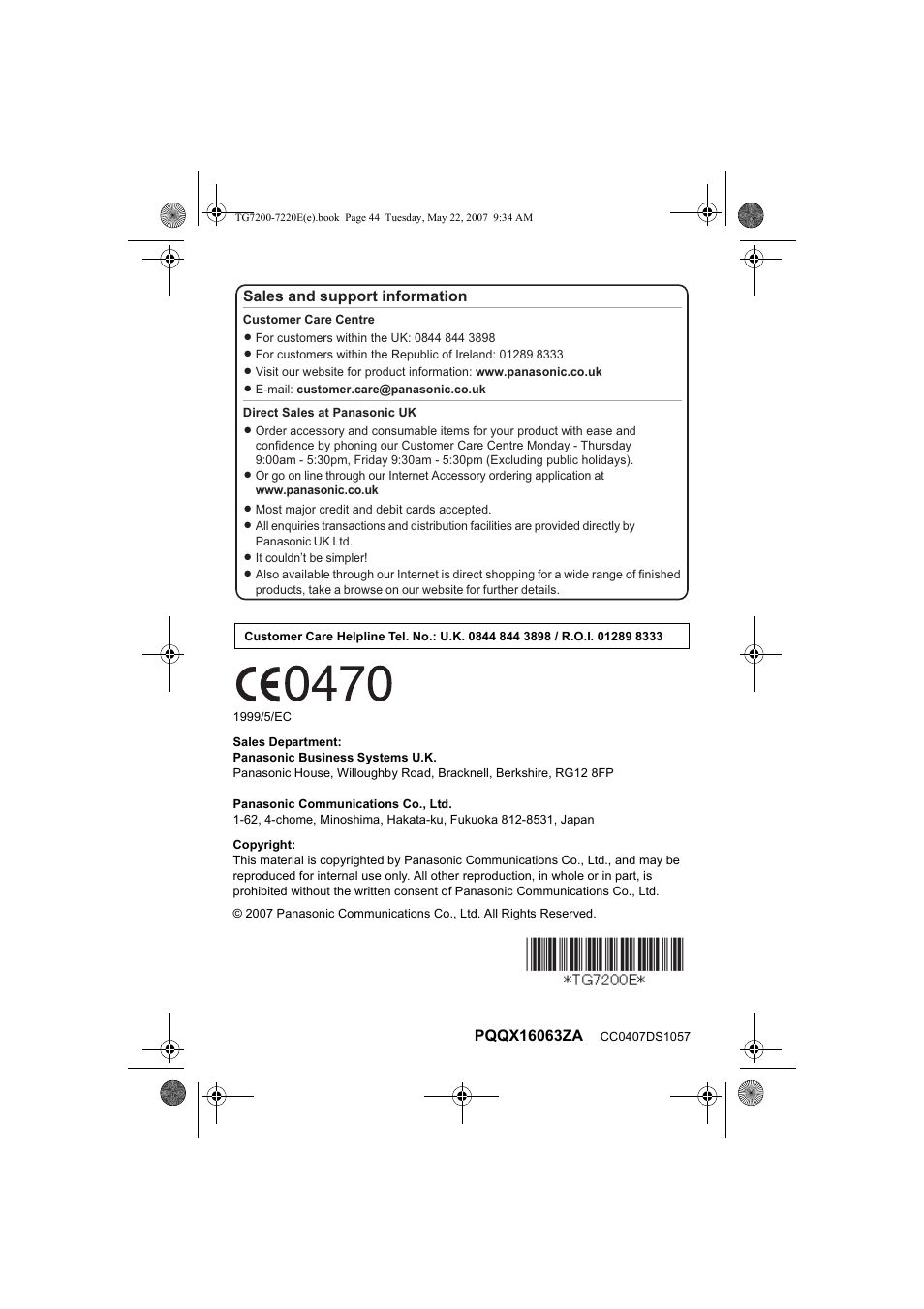 Panasonic TG7200-7220E User Manual | Page 44 / 44