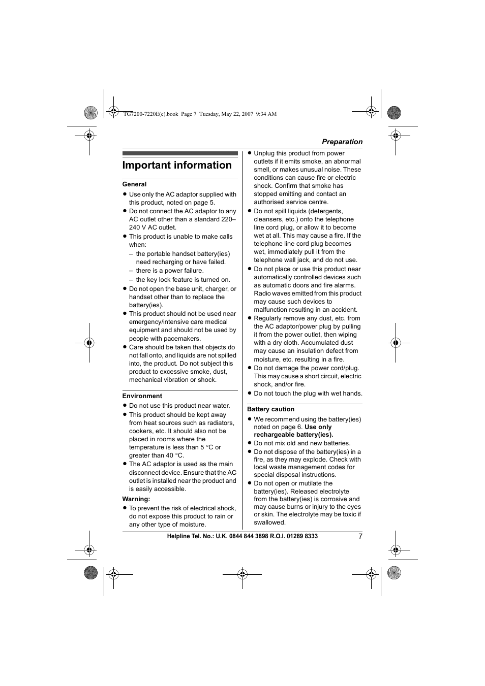 Important information | Panasonic TG7200-7220E User Manual | Page 7 / 44