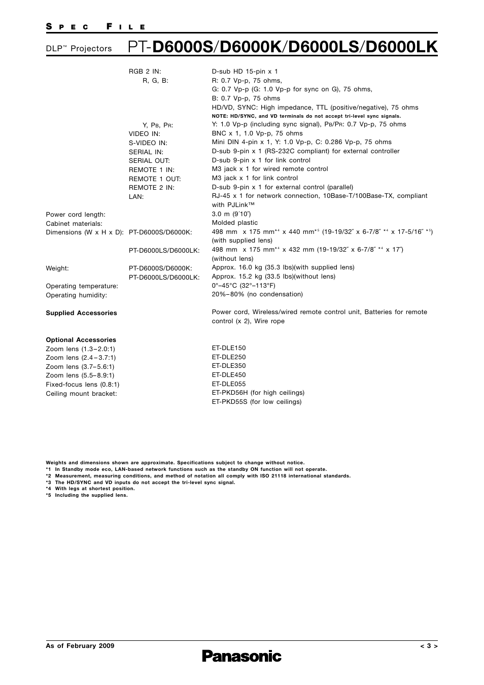 Specifications - 2, Projectors | Panasonic PT-D6000K User Manual | Page 3 / 12