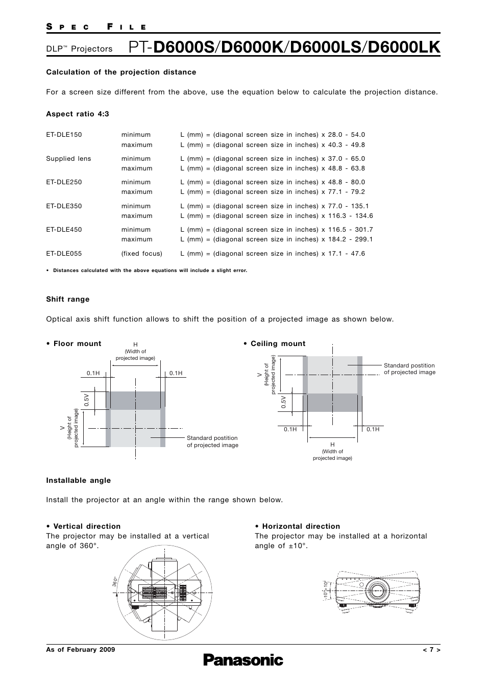 Calculation of the projection distance, Shift range, Installable angle | Projectors | Panasonic PT-D6000K User Manual | Page 7 / 12