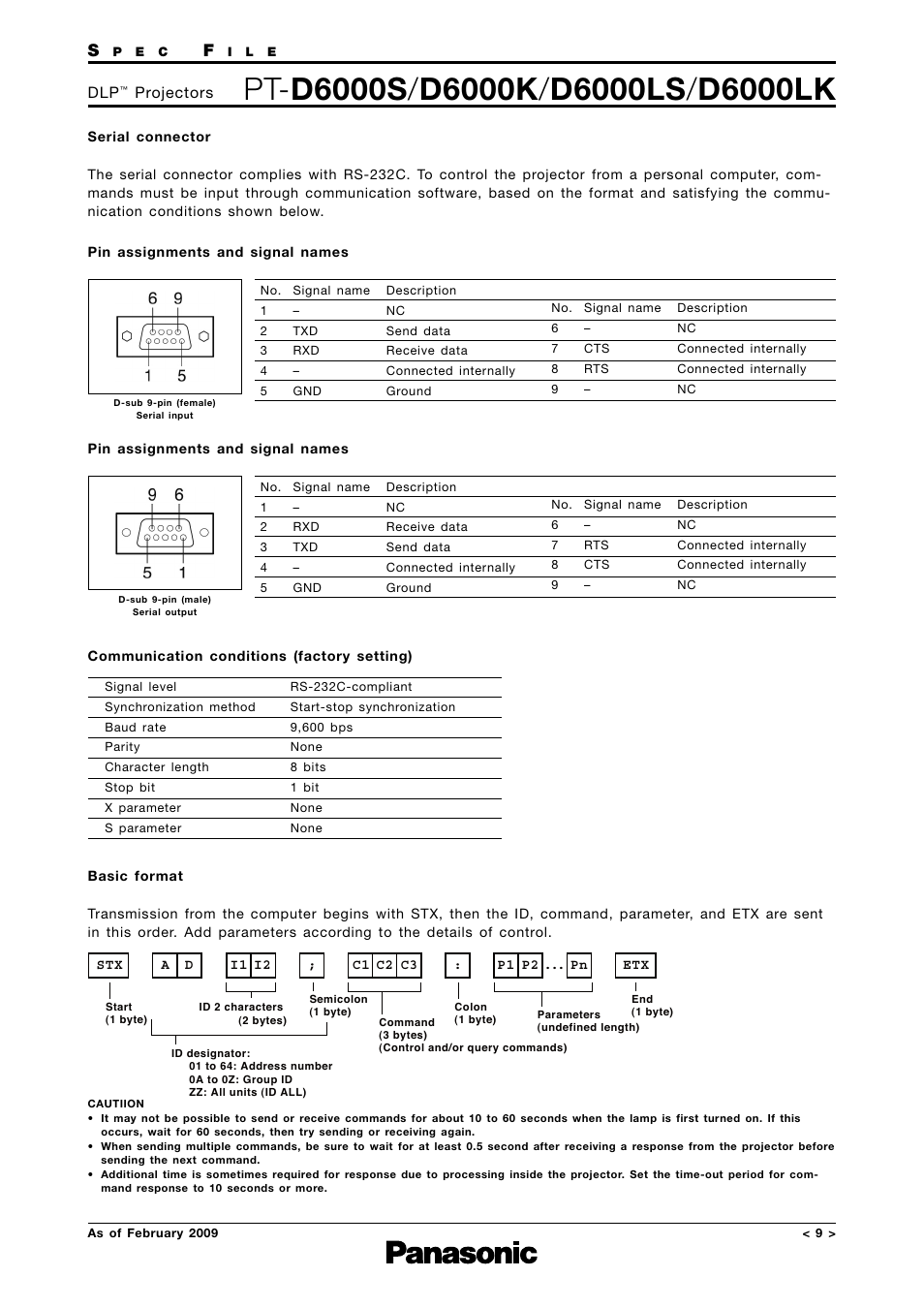 Serial connector, Communication conditions (factory setting), Basic format | Projectors | Panasonic PT-D6000K User Manual | Page 9 / 12