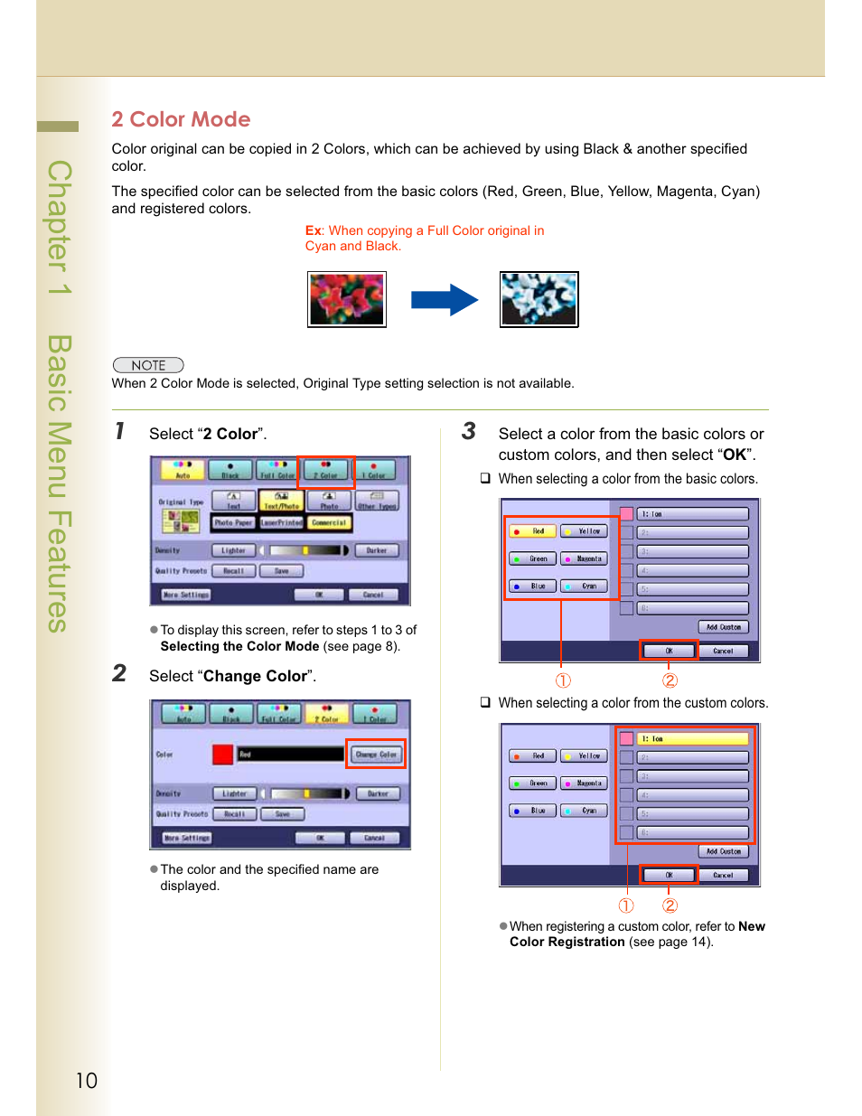 Chapter 1 basic menu features, 2 color mode | Panasonic WORKIO C213 User Manual | Page 10 / 98