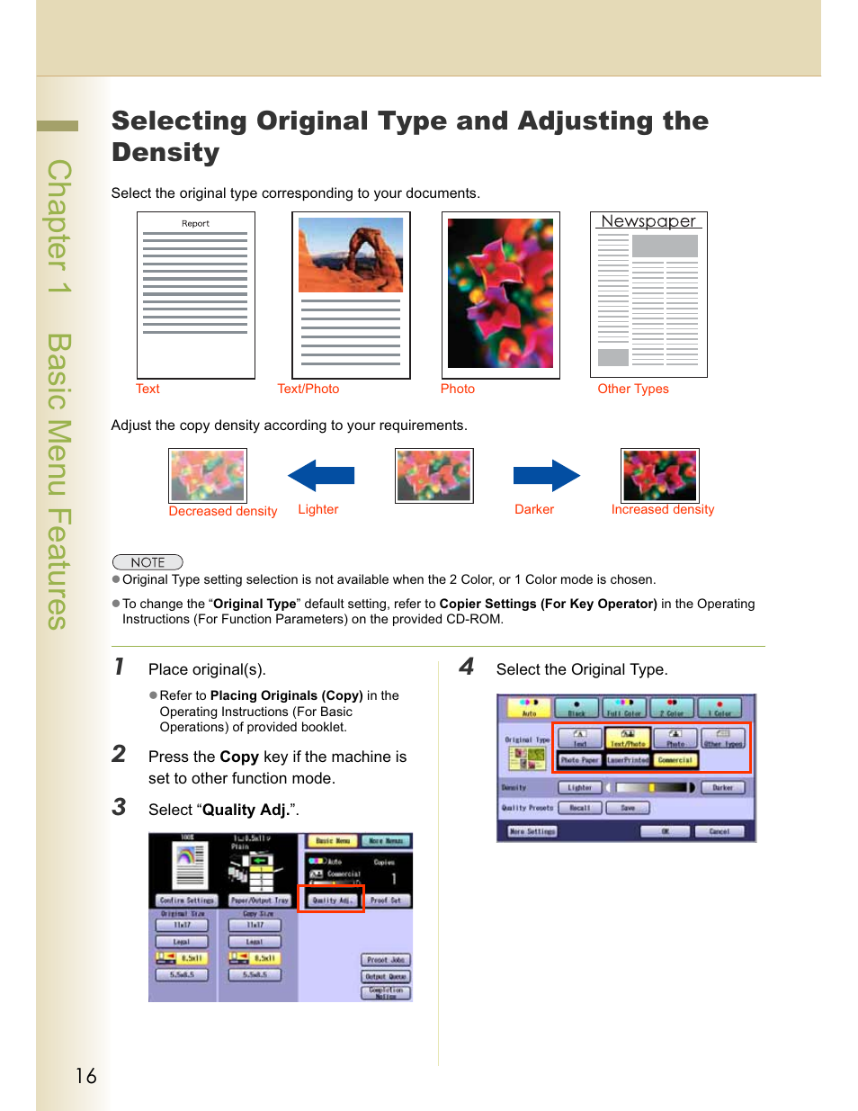 Chapter 1 basic menu features, Selecting original type and adjusting the density | Panasonic WORKIO C213 User Manual | Page 16 / 98