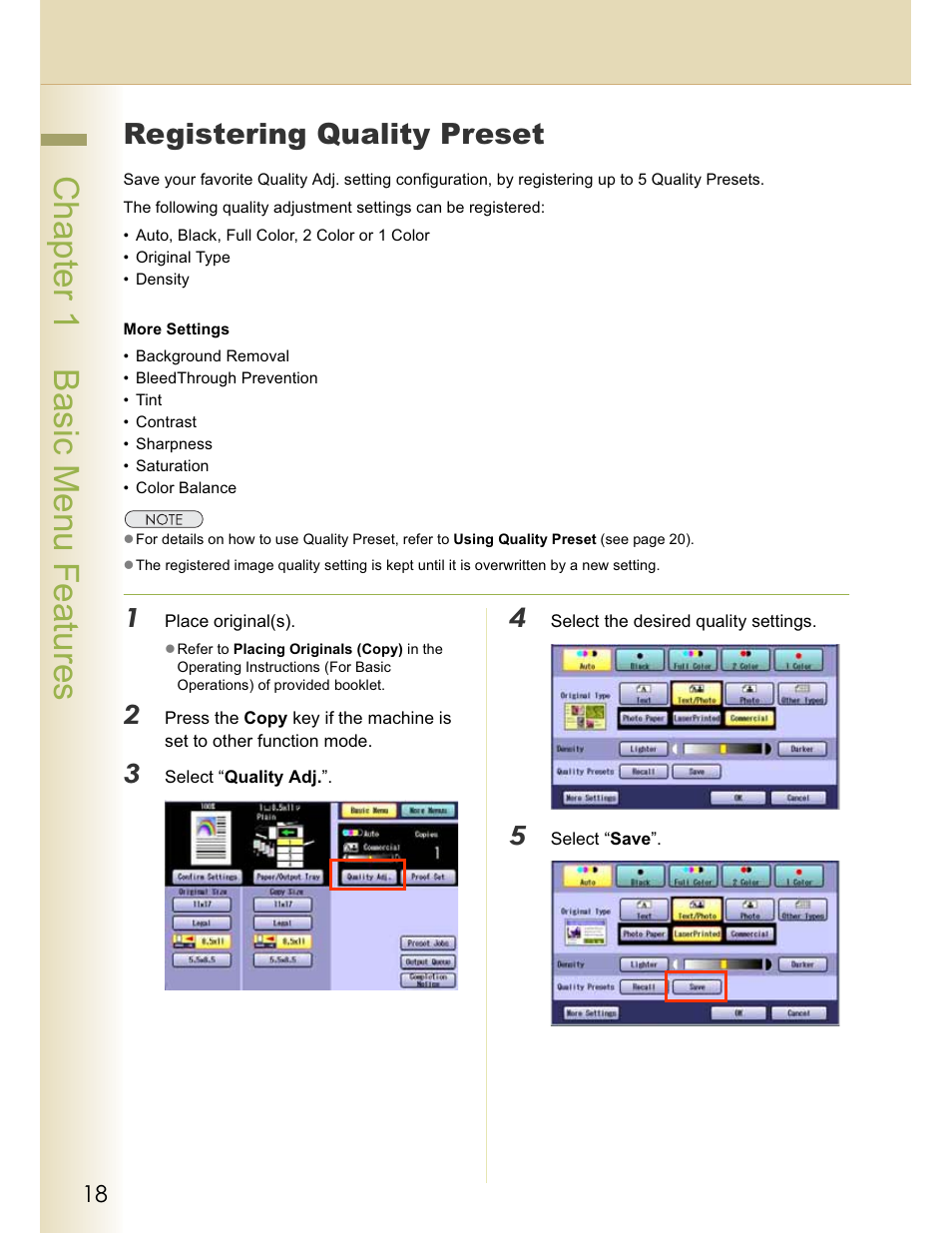 Chapter 1 basic menu features, Registering quality preset | Panasonic WORKIO C213 User Manual | Page 18 / 98