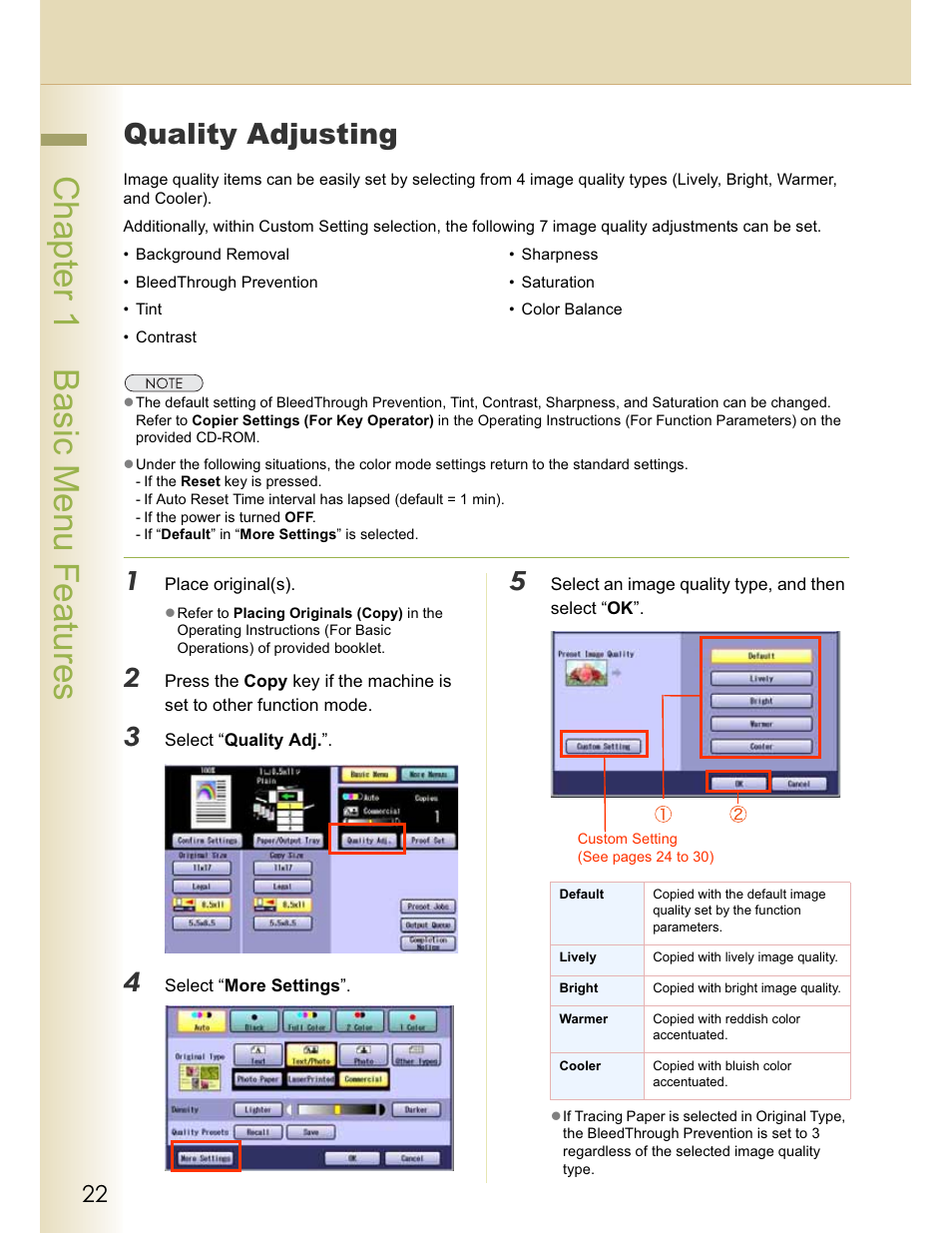 Chapter 1 basic menu features, Quality adjusting | Panasonic WORKIO C213 User Manual | Page 22 / 98