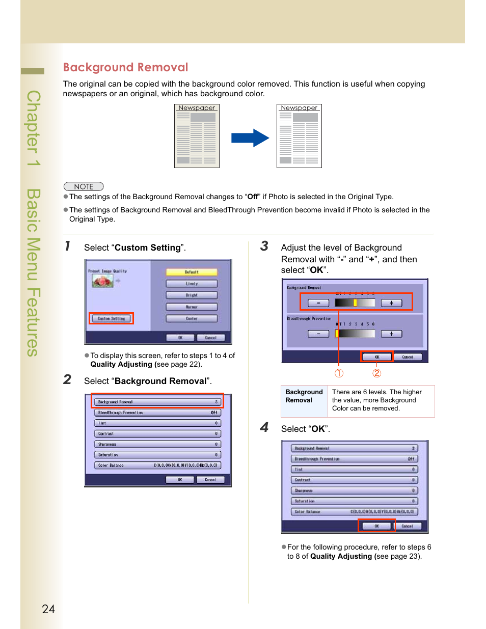 Chapter 1 basic menu features, Background removal | Panasonic WORKIO C213 User Manual | Page 24 / 98