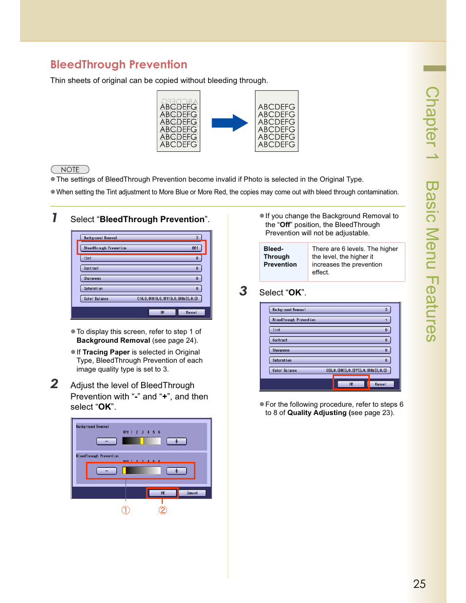 Chapter 1 basic menu features, Bleedthrough prevention | Panasonic WORKIO C213 User Manual | Page 25 / 98