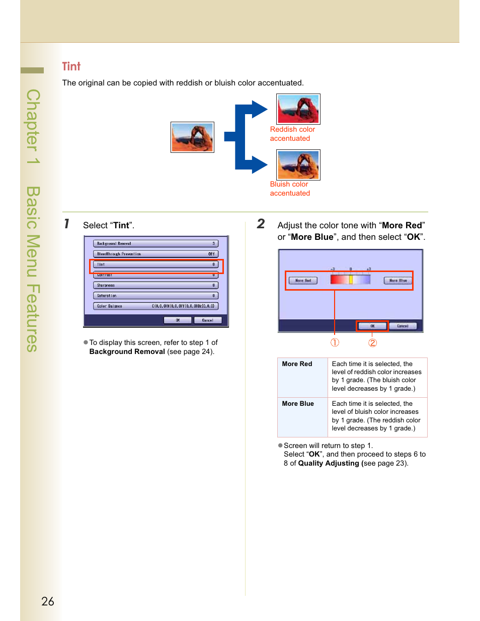 Chapter 1 basic menu features, Tint | Panasonic WORKIO C213 User Manual | Page 26 / 98