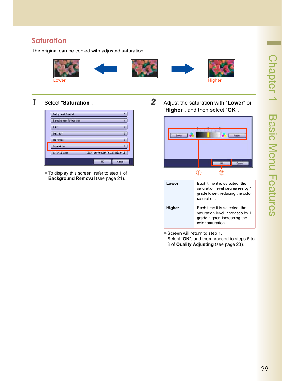 Chapter 1 basic menu features, Saturation | Panasonic WORKIO C213 User Manual | Page 29 / 98