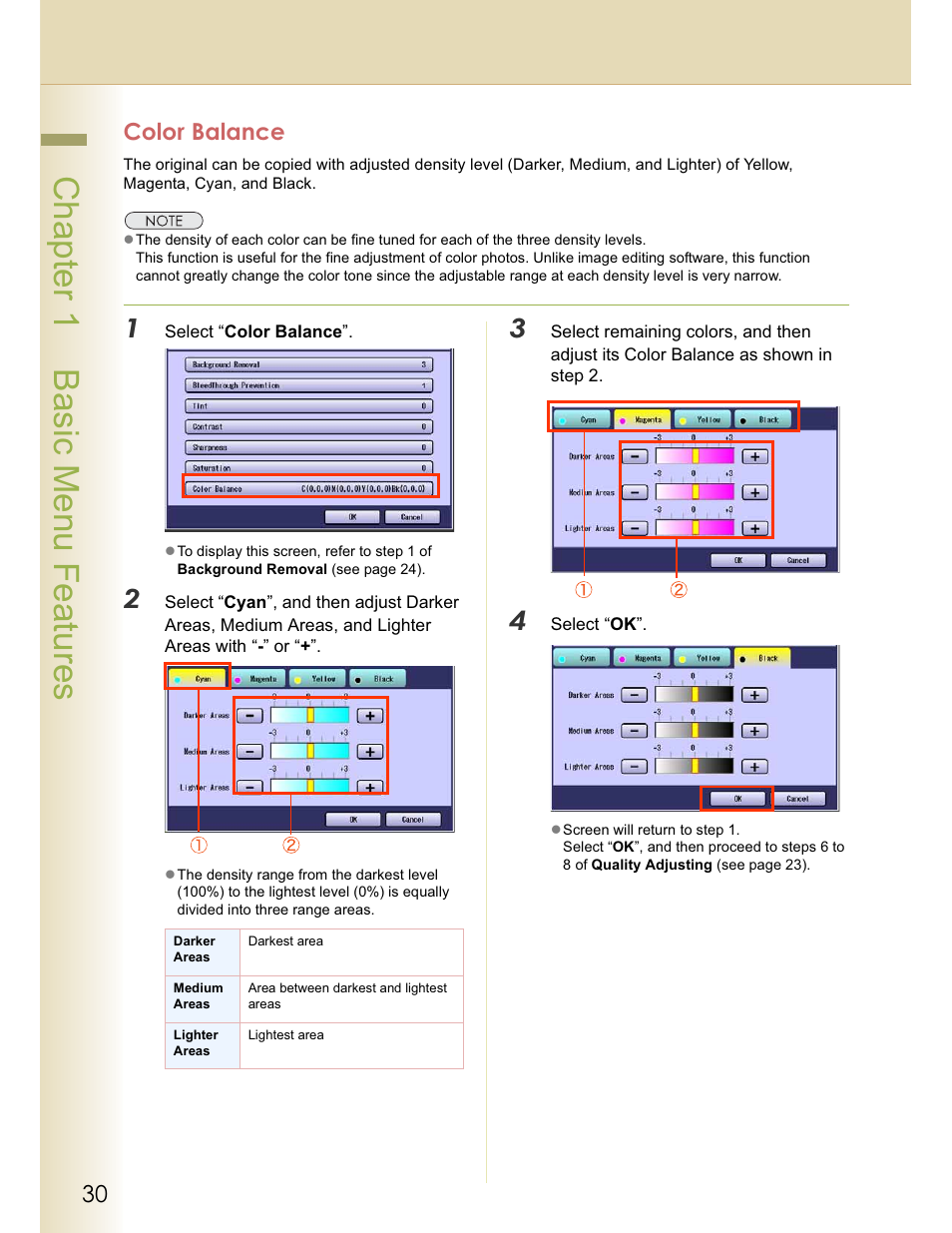 Chapter 1 basic menu features, Color balance | Panasonic WORKIO C213 User Manual | Page 30 / 98