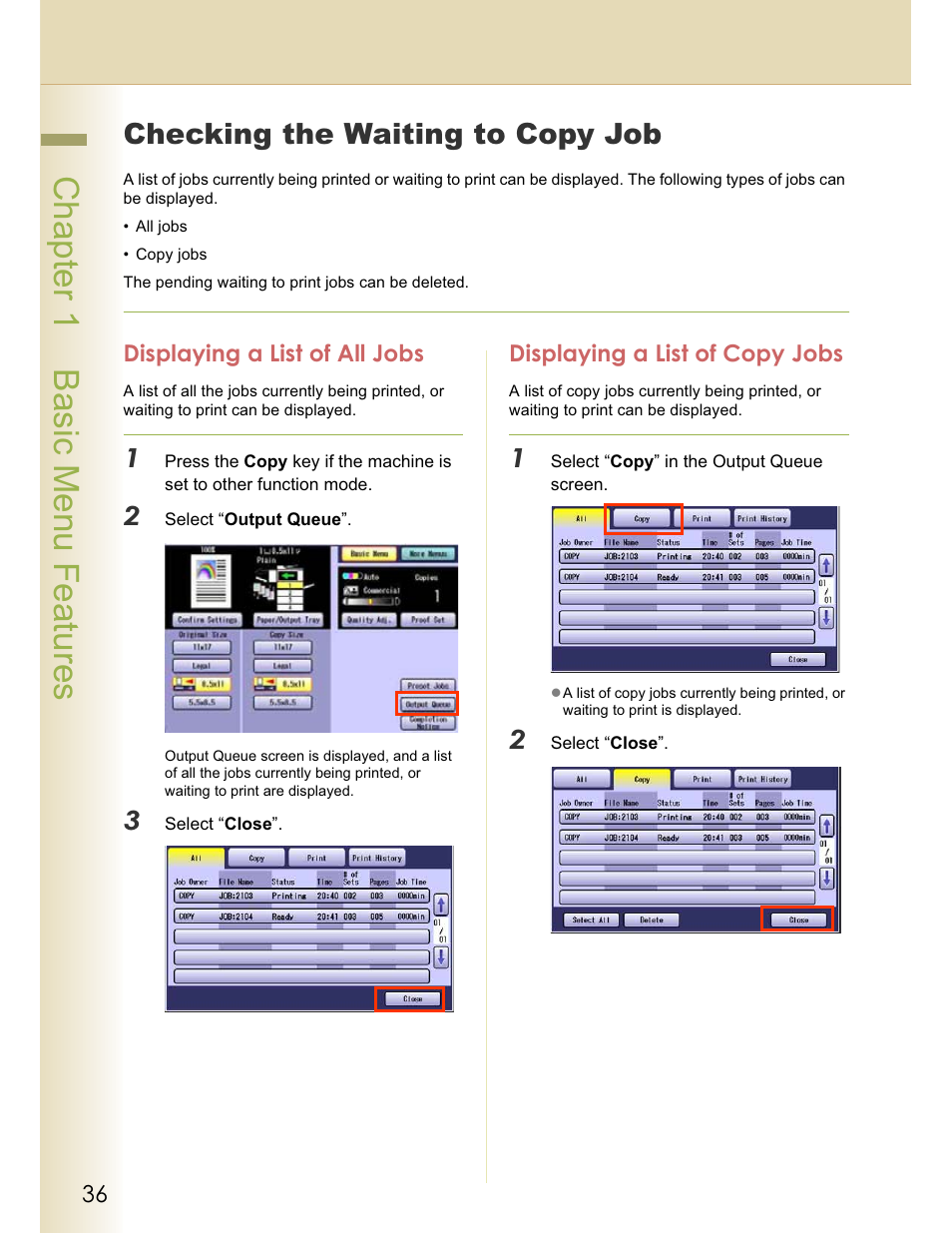 Chapter 1 basic menu features, Checking the waiting to copy job | Panasonic WORKIO C213 User Manual | Page 36 / 98