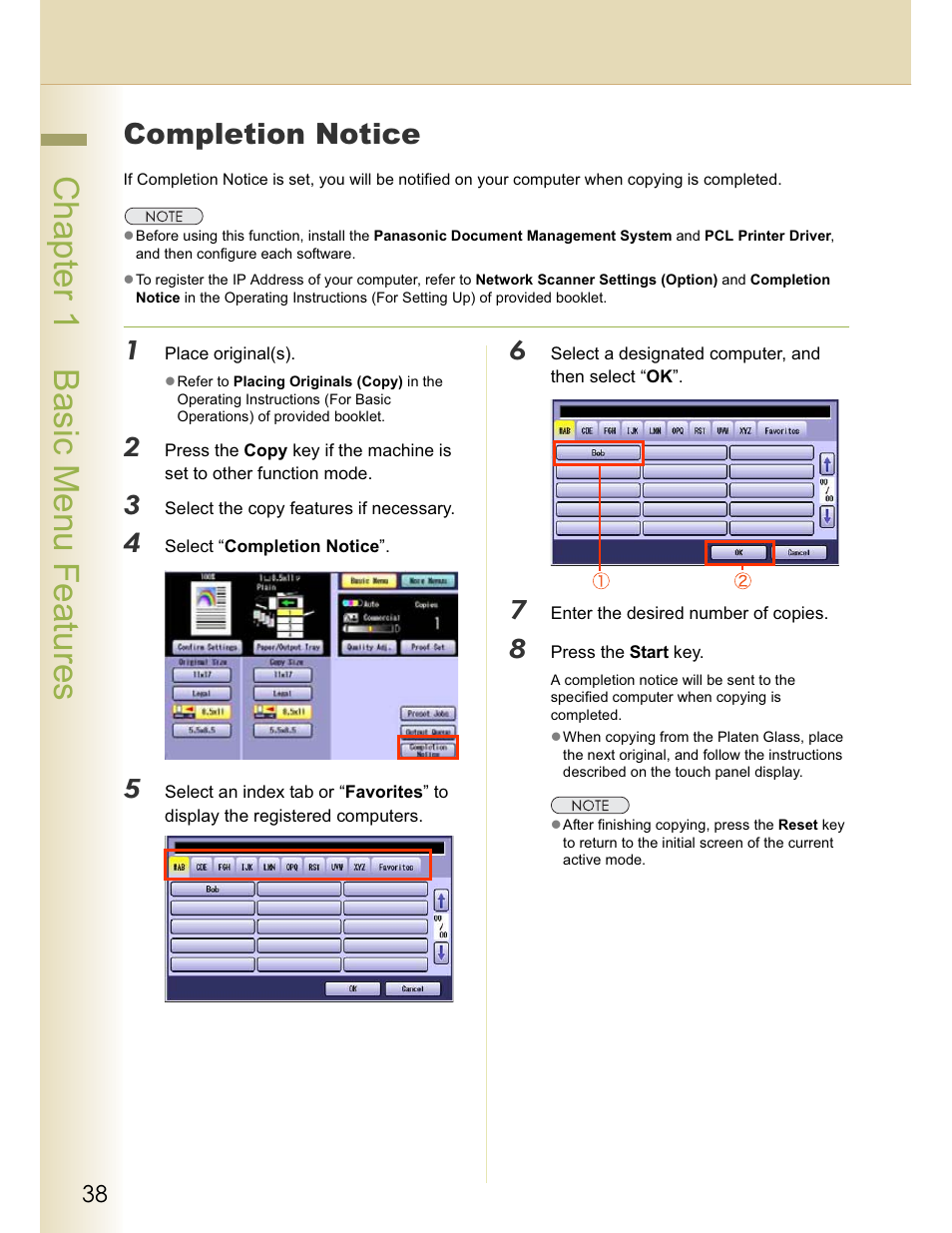 Chapter 1 basic menu features, Completion notice | Panasonic WORKIO C213 User Manual | Page 38 / 98