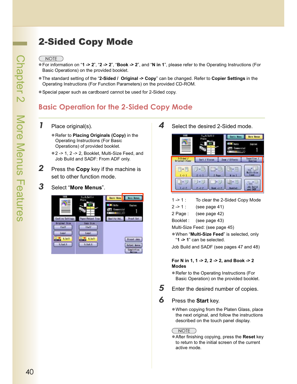 Chapter 2 more menus features, Sided copy mode, Basic operation for the 2-sided copy mode | Panasonic WORKIO C213 User Manual | Page 40 / 98