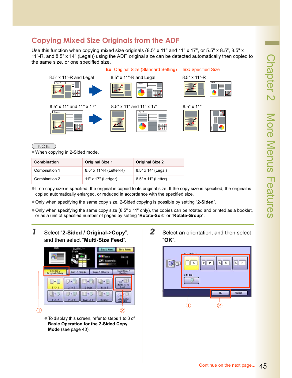 Chapter 2 more menus features, Copying mixed size originals from the adf | Panasonic WORKIO C213 User Manual | Page 45 / 98