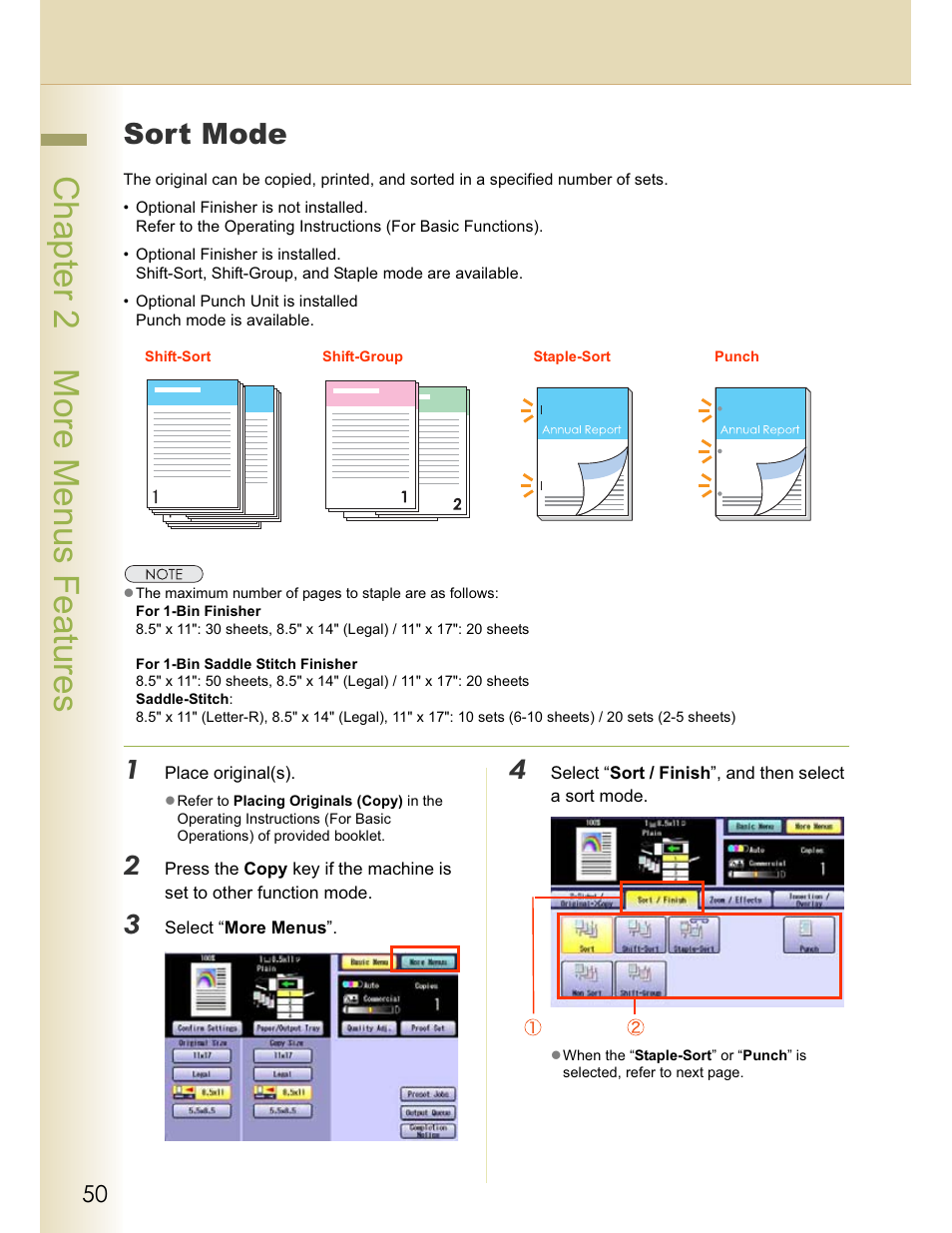 Chapter 2 more menus features, Sort mode | Panasonic WORKIO C213 User Manual | Page 50 / 98