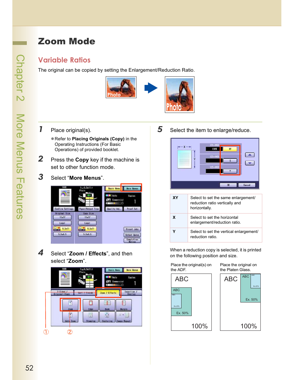 Chapter 2 more menus features, Zoom mode, Variable ratios | Abc 100 | Panasonic WORKIO C213 User Manual | Page 52 / 98