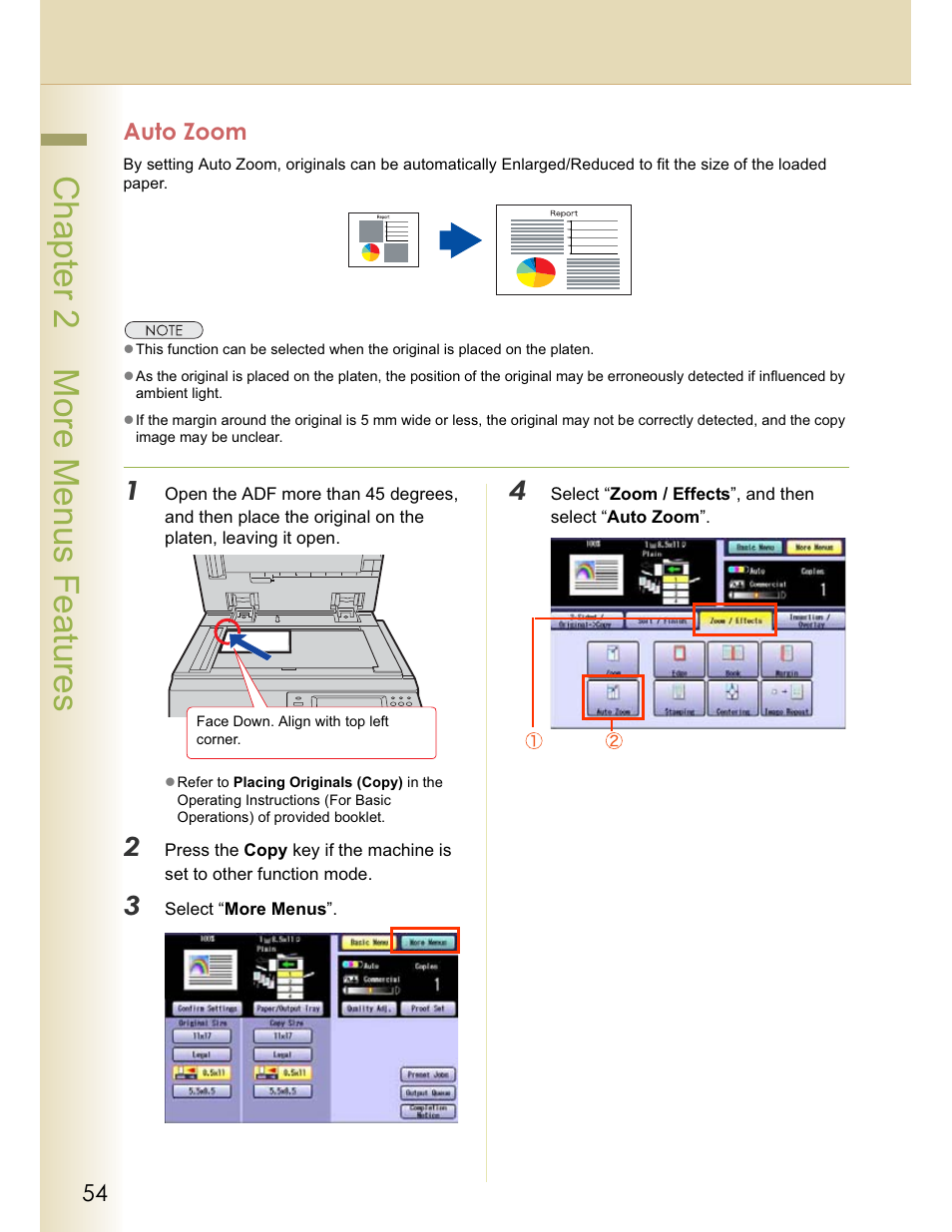 Chapter 2 more menus features, Auto zoom | Panasonic WORKIO C213 User Manual | Page 54 / 98