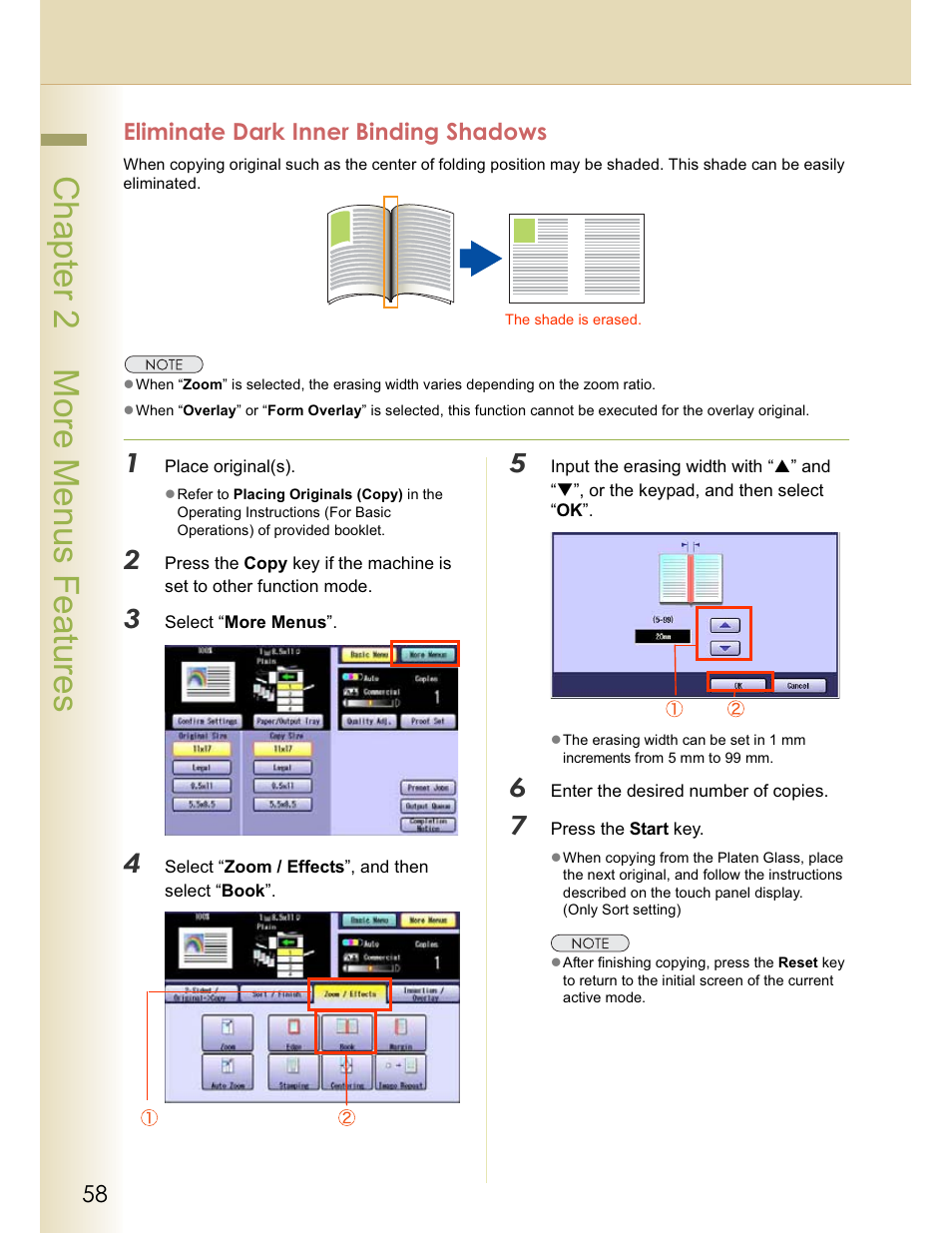 Chapter 2 more menus features, Eliminate dark inner binding shadows | Panasonic WORKIO C213 User Manual | Page 58 / 98