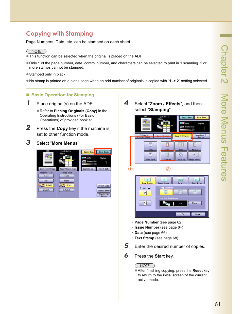 Chapter 2 more menus features, Copying with stamping | Panasonic WORKIO C213 User Manual | Page 61 / 98